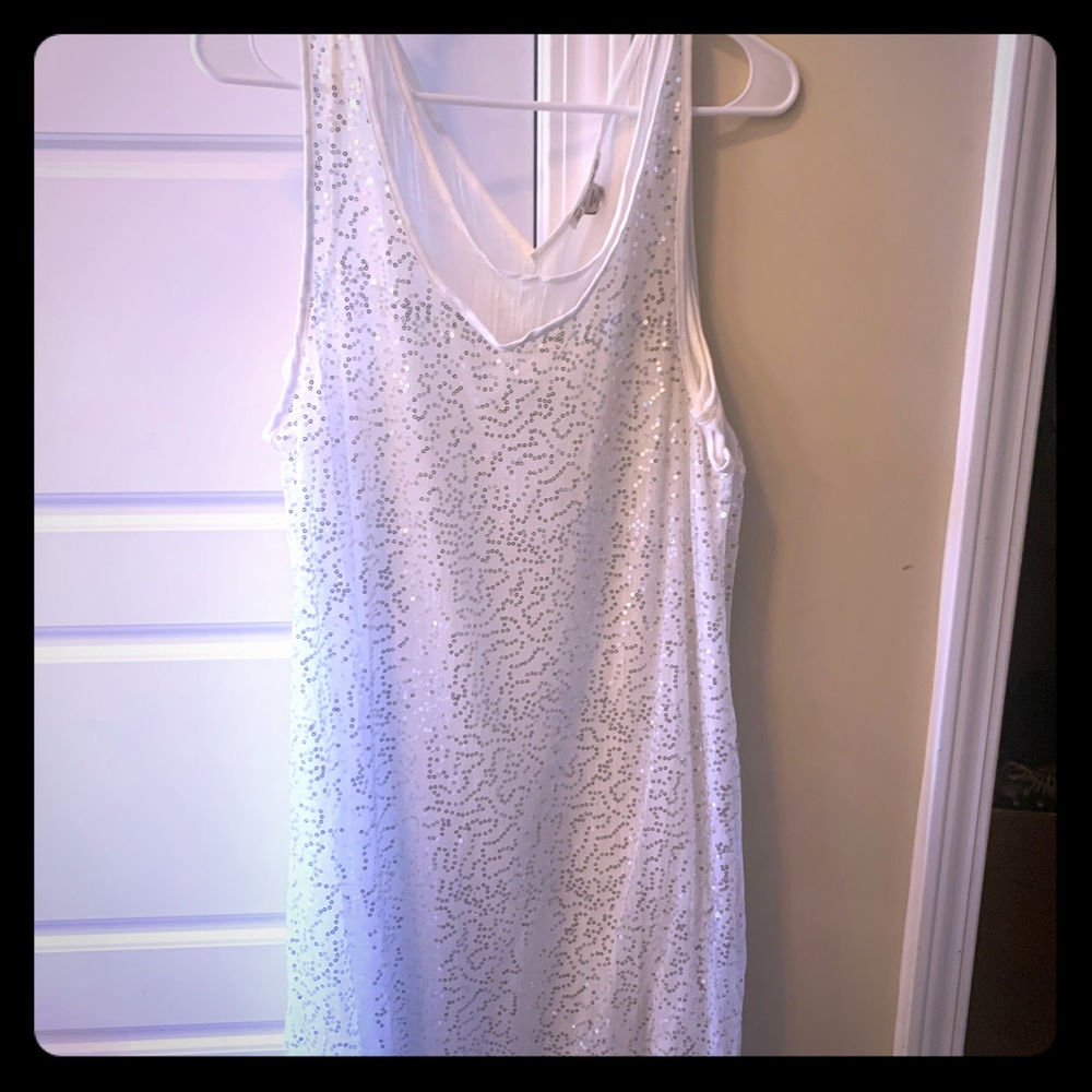 White and silver mid length dress